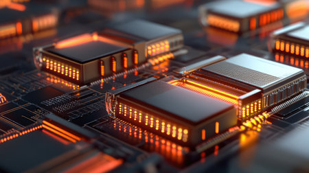 Futuristic data center with quantum computers and glowing connections, representing advanced computational power.の素材