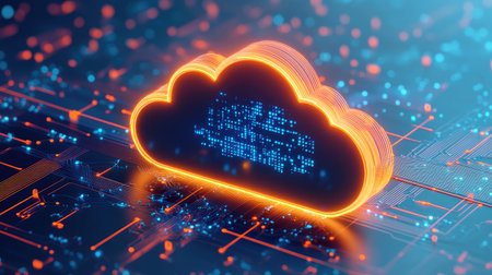 Futuristic quantum computing cloud infrastructure with interconnected nodes and glowing data streams, symbolizing distributed computing.の素材