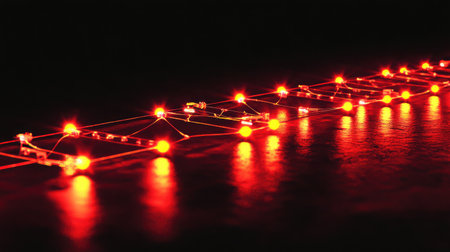 Futuristic quantum communication device with glowing entangled particles, symbolizing secure data transmission.の素材