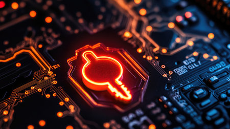 Futuristic quantum cryptography device with glowing keys and entangled particles, representing secure communication.の素材