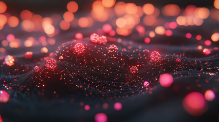 Futuristic quantum network with interconnected nodes and glowing pathways, representing advanced communication systems.の素材