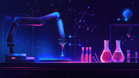 Robotic arm assisting in laboratory research with test tubes and beakers.の素材