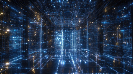 Futuristic quantum network with interconnected nodes and glowing pathways, representing advanced communication systems.の素材