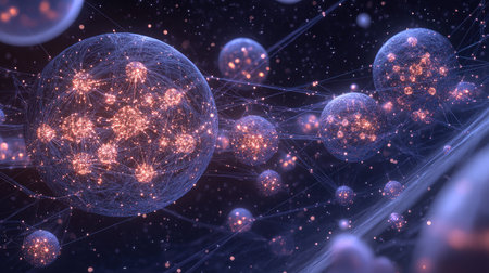 Futuristic quantum network with interconnected nodes and glowing pathways, representing advanced communication systems.の素材