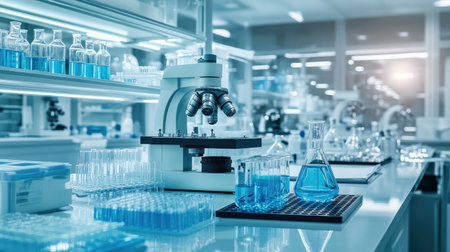 Robotic arm assisting in laboratory research with test tubes and beakers.の素材