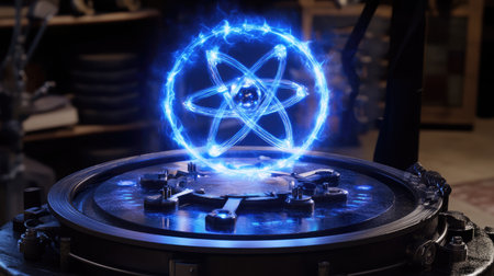 Futuristic quantum simulation device with glowing particles and complex interactions, representing advanced modeling techniques.の素材