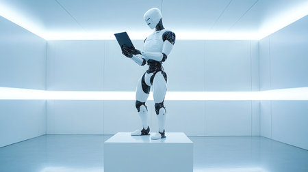 Robotic artist creating a sculpture in a minimalist gallery space.の素材