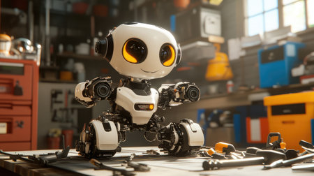 Robotic assistant organizing tools in a high-tech workshop.の素材