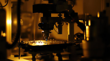 Robotic arm performing precise movements in a microelectronics lab.の素材