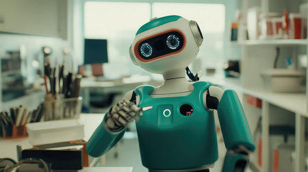 Robotic assistant organizing tools in a high-tech workshop.の素材