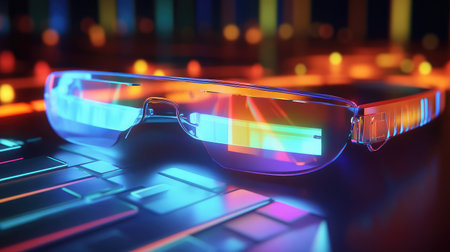 Futuristic wearable device projecting a holographic keyboard onto a surface.の素材