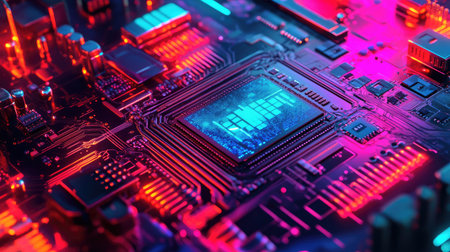 Abstract D rendering of a quantum processor with entangled particles and energy fields, symbolizing quantum computing power.の素材