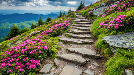 A steep mountain trail with stone steps, flanked by blooming rhododendrons and towering evergreens.の素材
