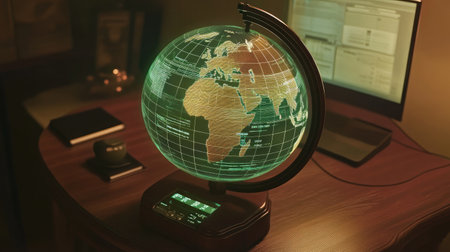 Close-up of a holographic globe displaying real-time environmental data analytics.の素材