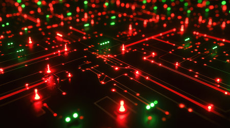 Close-up of a quantum circuit board with glowing pathways and qubit connections, symbolizing quantum information processing.の素材