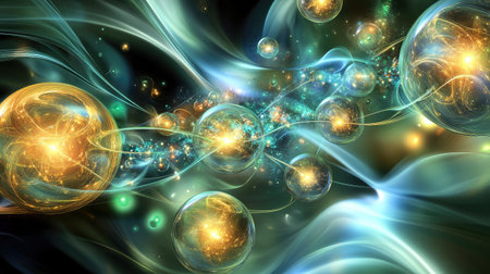 Futuristic quantum communication device with glowing entangled particles, symbolizing secure data transmission.の素材