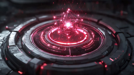 Futuristic quantum communication device with glowing entangled particles, symbolizing secure data transmission.の素材