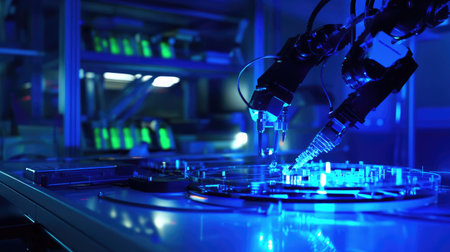 Robotic arm delicately handling fragile artifacts in a museum conservation lab.の素材