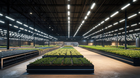 Futuristic vertical farming facility with automated irrigation and harvesting systems, showcasing agricultural innovation.の素材