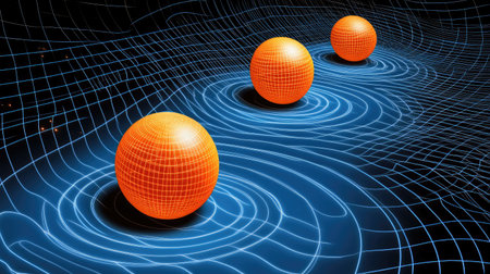 Abstract D rendering of a quantum gravity concept with spacetime curvature and particle interactions.の素材