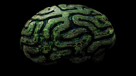 A digital brain composed of glowing circuits and binary code, representing the fusion of human intelligence and artificial technology.の素材