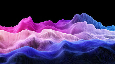 Abstract D rendering of a quantum phase transition with changing energy landscapes and particle configurations.の素材