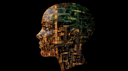 A digital brain composed of glowing circuits and binary code, representing the fusion of human intelligence and artificial technology.の素材