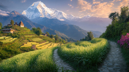 A cobblestone path ascending gently through terraced fields, with majestic mountains rising in the background.の素材