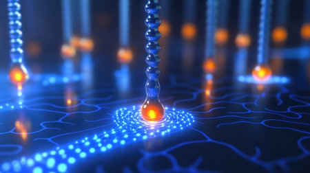 Abstract D rendering of a quantum teleportation process with entangled particles and energy transfer.の素材
