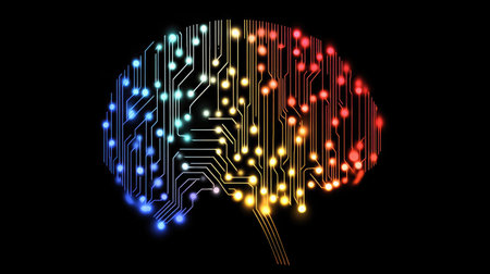 A digital brain composed of glowing circuits and binary code, representing the fusion of human intelligence and artificial technology.の素材