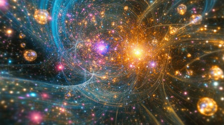 Abstract D rendering of a quantum field theory diagram with particles interacting and exchanging energy.の素材