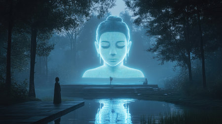 A digital art piece illustrating the convergence of human creativity and AI algorithms, blending traditional and futuristic elements.の素材