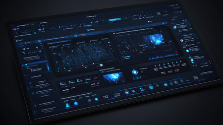 A cybersecurity interface displaying AI-driven threat detection and prevention measures in a network system.の素材