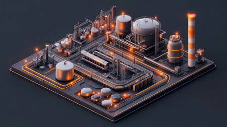 A digital twin representation of a complex industrial system, enabling AI-driven monitoring and optimization.の素材