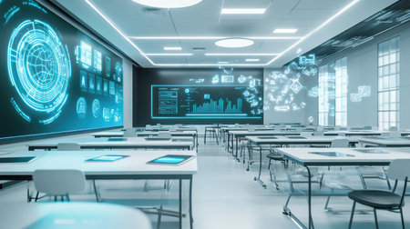 A futuristic classroom equipped with AI-enhanced learning tools and interactive digital displays.の素材