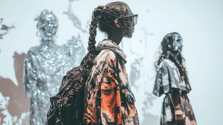 A futuristic art gallery featuring AI-generated sculptures and installations, blending technology with traditional aesthetics.の素材