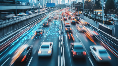 A futuristic transportation hub featuring AI-managed autonomous vehicles and smart traffic control systems.の素材