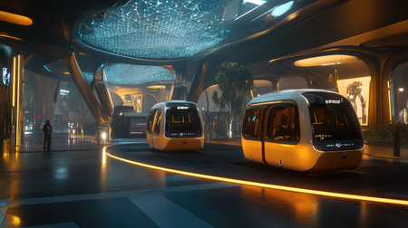A futuristic transportation hub featuring AI-managed autonomous vehicles and smart traffic control systems.の素材