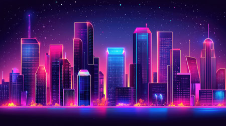 A futuristic city skyline at night, with illuminated buildings showcasing AI-driven technologies and smart infrastructure.の素材