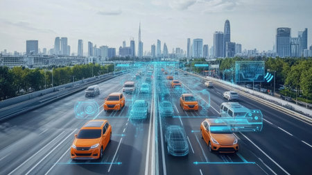 A futuristic transportation hub featuring AI-managed autonomous vehicles and smart traffic control systems.の素材