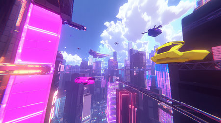 A futuristic cityscape rendered in virtual reality, showcasing towering skyscrapers and flying vehicles under a neon-lit sky.の素材