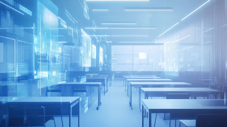 A futuristic classroom equipped with AI-enhanced learning tools and interactive digital displays.の素材