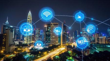 A futuristic city skyline at night, with illuminated buildings showcasing AI-driven technologies and smart infrastructure.の素材