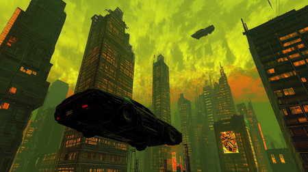 A futuristic cityscape rendered in virtual reality, showcasing towering skyscrapers and flying vehicles under a neon-lit sky.の素材