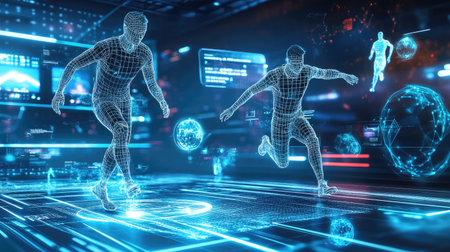 A futuristic sports arena with AI-driven analytics enhancing player performance and audience engagement.の素材