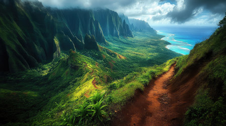 A narrow trail carved into a steep mountainside, with panoramic views of a lush valley below.の素材