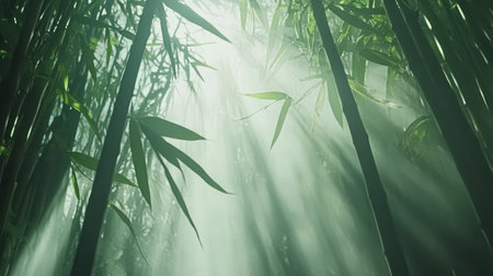 A misty trail through a dense bamboo forest, with sunlight filtering through the tall stalks.の素材