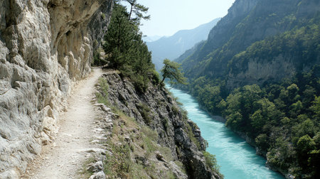 A narrow path carved into a steep cliffside, overlooking a turquoise river snaking through the canyon below.の素材