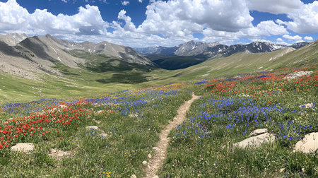 A grassy trail winding up a rolling hillside, dotted with colorful wildflowers under a partly cloudy sky.の素材