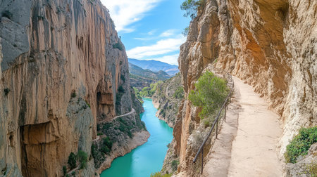 A narrow path carved into a steep cliffside, overlooking a turquoise river snaking through the canyon below.の素材